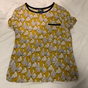Anthropologie T-shirt blouse with Owl Patterns - Yellow